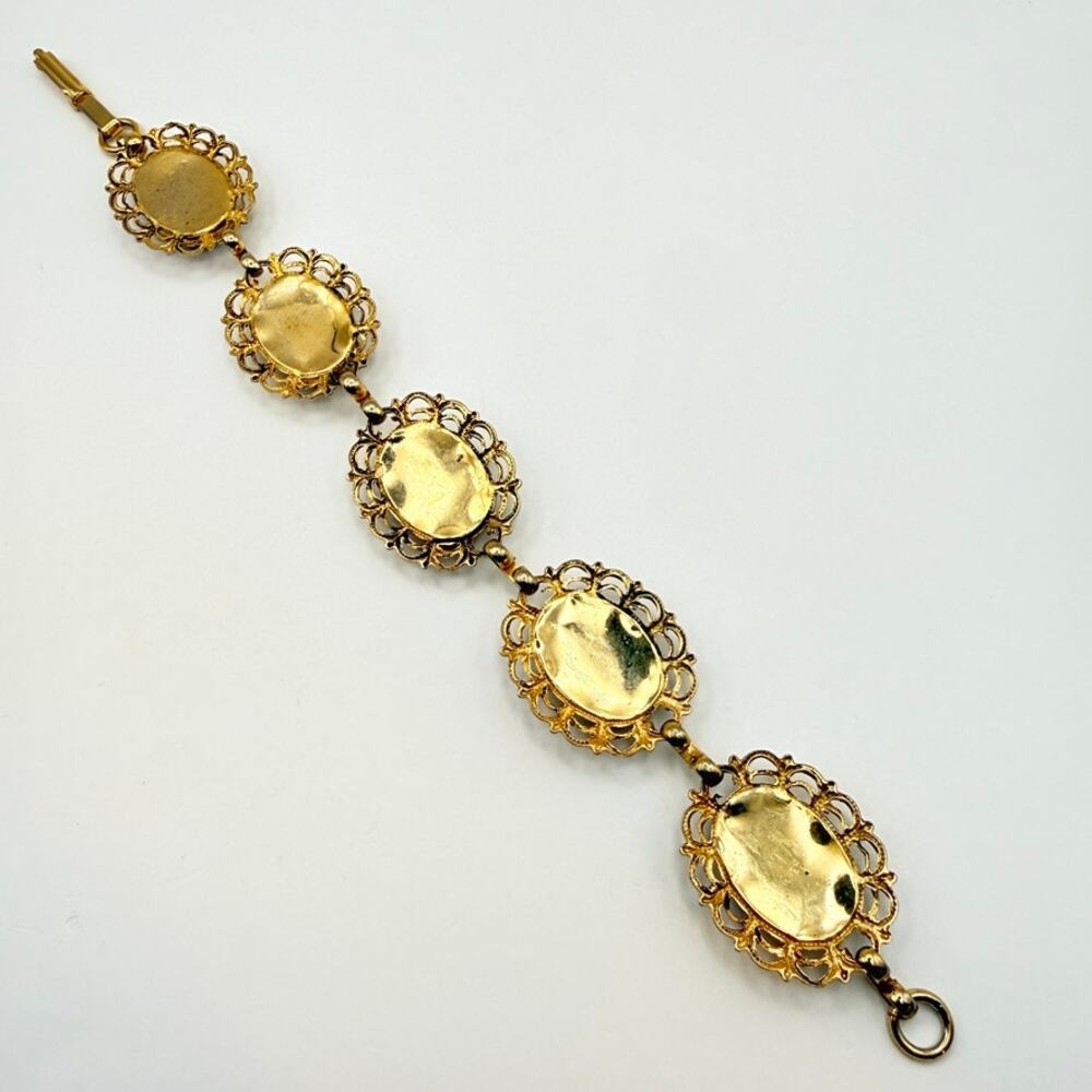Vtg Oval Jade Chip Cluster Confetti Panel Link Bracelet Gold Tone Filigree 7" - Picture 6 of 10
